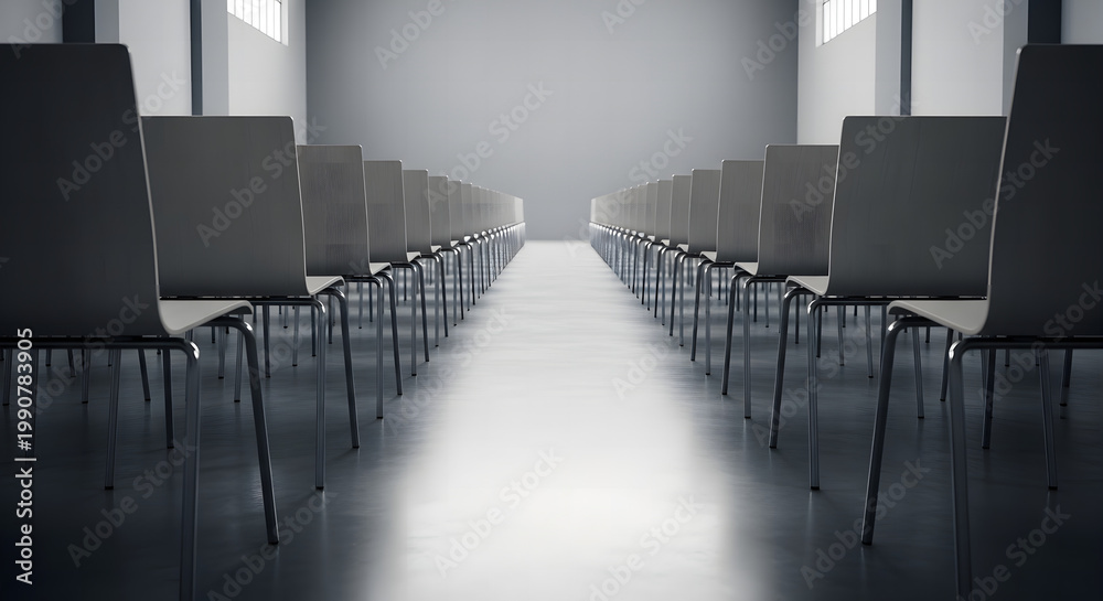 Fototapeta premium Symmetric Rows of Empty Modern Chairs in a Bright Hallway