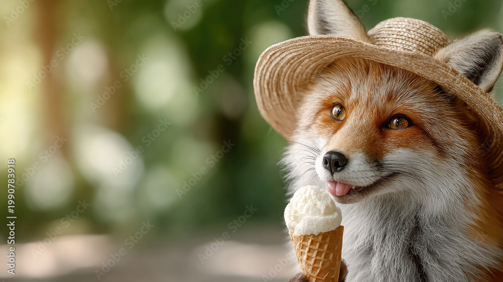 Obraz premium Red fox cartoon character wearing sunglasses and a hat, happily enjoying a refreshing ice cream cone, symbolizing summer joy, sweet treats, and cool relaxation