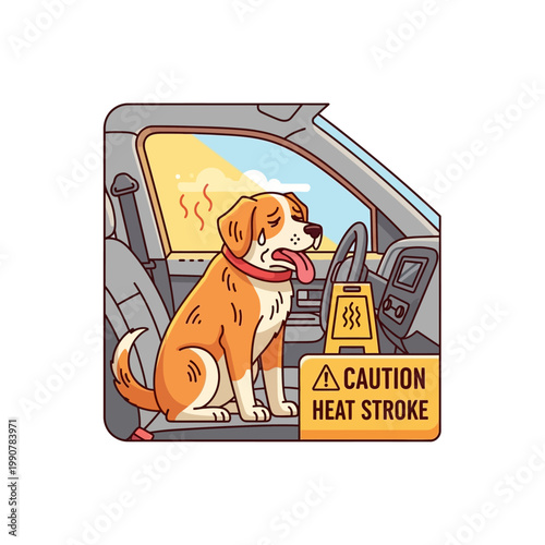A cartoon illustration of a distressed dog suffering from heat stroke inside a hot car with a warning sign.