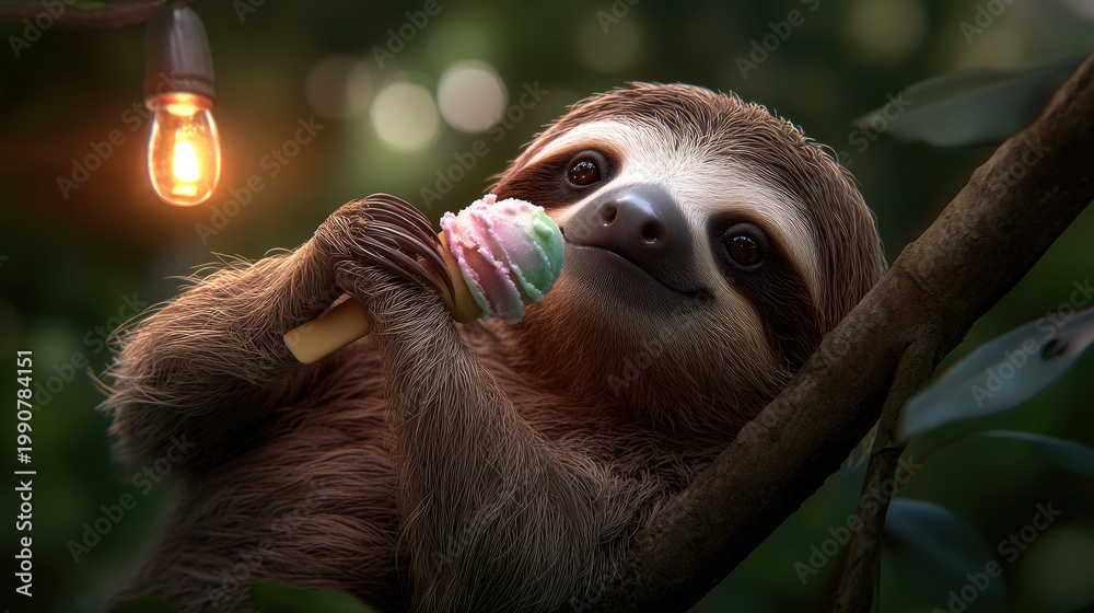Naklejka premium Sloth enjoying a delicious ice cream treat on a tree branch, celebrating summer freshness and sweet moments in a tropical forest environment with happy expression