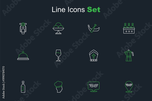 Set line Carnival mask, Italian cook, Bottle of wine, Coffee maker moca pot, Pope hat, Wine glass and Covered with tray food icon. Vector