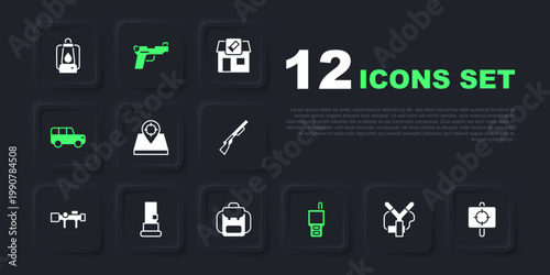 Set Slingshot, Target sport, Hunt place, Walkie talkie, Safari car, Cartridges, Pistol gun and Hiking backpack icon. Vector
