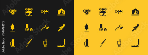 Set Tourist tent, Hunting gun, Wooden axe, Walkie talkie, Cartridges, Sniper optical sight, Deer antlers on shield and Quiver with arrows icon. Vector