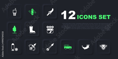 Set Hunting horn, Deer antlers on shield, Waterproof rubber boot, Safari car, Tree, Medieval bow and arrow, Swiss army knife and icon. Vector