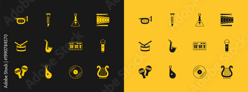 Set Xylophone, Bandura, Music synthesizer, Vinyl disk, Saxophone, Balalaika, Trumpet and Clarinet icon. Vector