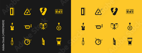 Set Music synthesizer, Drum with drum sticks, Conga drums, Keytar, Trumpet, Guitar pick, Harmonica and Triangle musical instrument icon. Vector