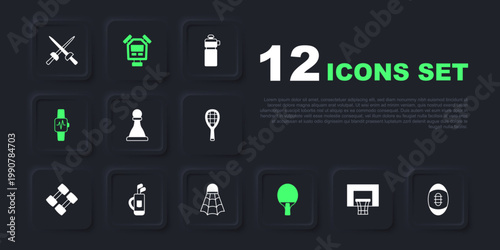 Set Basketball backboard, American Football, Chess, Racket, Smart watch with heart, Golf bag clubs, Stopwatch and Badminton shuttlecock icon. Vector