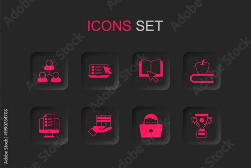 Set Book donation, Online quiz, test, survey, class, Student working laptop, with apple, Award cup, book and icon. Vector