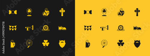 Set Celtic cross, Four leaf clover, Medal with, Clover trefoil, Trumpet, Glass of beer, Bow tie and icon. Vector