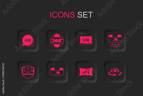 Set 360 degree view, Augmented reality AR, Wide angle picture, Virtual and 3d modeling icon. Vector