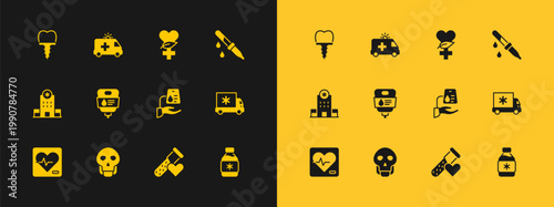 Set Pipette, Skull, Blood donation, Test tube with blood, IV bag, Ethnoscience, Dental implant and Ambulance car icon. Vector