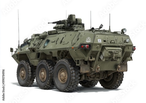 Military wheeled armored vehicle with turret-mounted gun, seen from rear