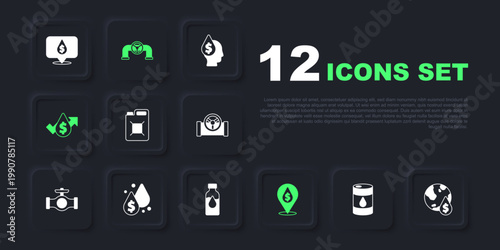 Set Barrel oil, Oil drop with dollar symbol, Canister for gasoline, price increase, pipe valve and petrol test tube icon. Vector