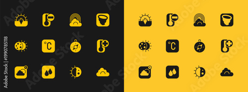 Set Tornado, Water drop, Compass, Day night cycle, Celsius, Rainbow with cloud, Sunset and Thermometer icon. Vector