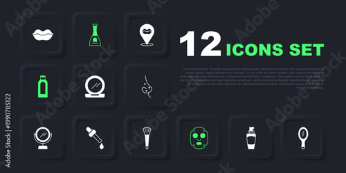 Set Tube of hand cream, Hand mirror, Makeup powder with, Facial cosmetic mask, Bottle shampoo, Pipette oil, nail polish and brush icon. Vector