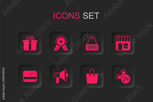 Set Megaphone, Stars rating, Gift box, Paper shopping bag, Market store, Telephone 24 hours support, Hanging sign with text Open and Credit card icon. Vector