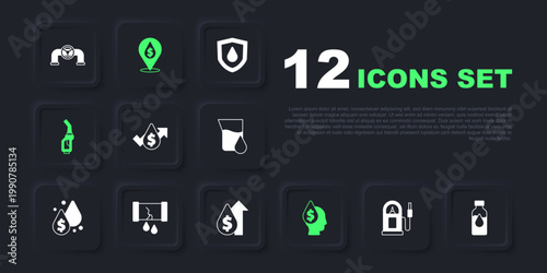 Set Petrol or gas station, Oil petrol test tube, price increase, drop with dollar symbol, Gasoline pump nozzle, Broken oil pipe valve, and icon. Vector