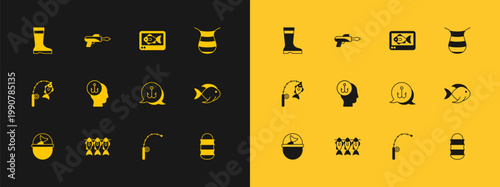 Set Fishing net, Dried fish, hook, rod, Fisherman, finder echo sounder, boots and harpoon icon. Vector