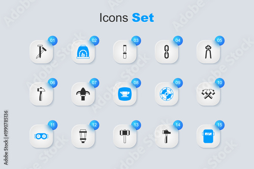 Set Hammer, Classic iron fence, Blacksmith oven, Welding glasses, mask, Crossed hammer, Metallic nails and anvil tool icon. Vector