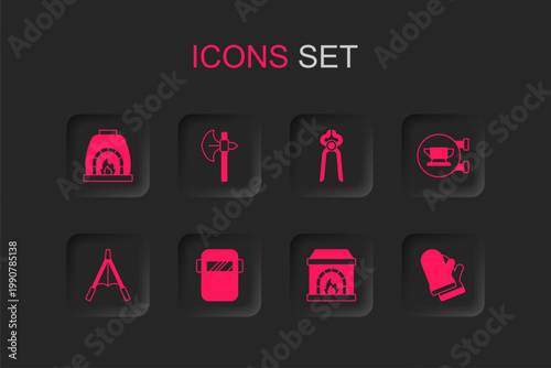 Set Welding mask, Medieval axe, Blacksmith oven, anvil tool, Protective gloves, pliers and Air blower bellows icon. Vector