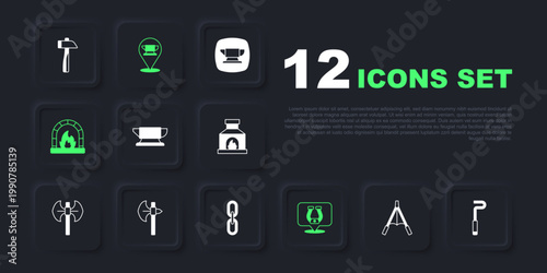 Set Air blower bellows, Fire poker, Blacksmith anvil tool, Horseshoe, oven, Medieval axe, and Chain link icon. Vector