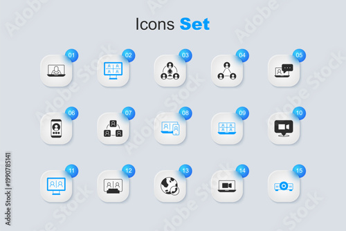 Set Video chat conference, Meeting, Movie, film, media projector, and icon. Vector