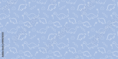 Cute Dinosaur Pattern on Blue Background, White Line Art Dino Sketch Seamless Vector Illustration for Kids and Boys Nursery