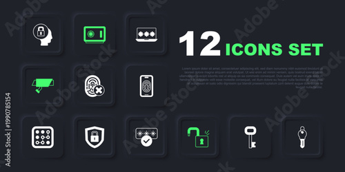 Set Old key, Key, Cancelled fingerprint, Open padlock, Security camera, Shield security with, Safe and Password protection icon. Vector