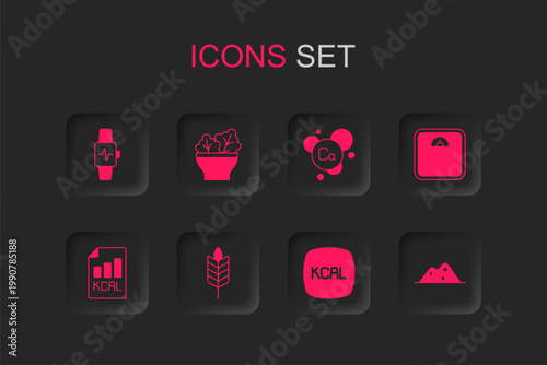 Set Wheat, Salad in bowl, Smart watch with heart, Kcal, Bathroom scales, Salt, Calcium and Diet plan icon. Vector