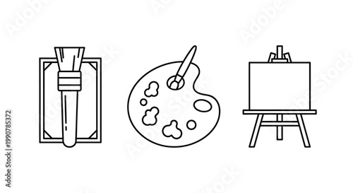 Painting tools and canvas on easel.