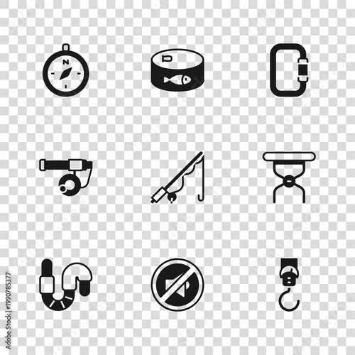 Set Speaker mute, Camping folding chair, Spring scale, Fishing rod, Carabiner, Compass, Canned fish and icon. Vector