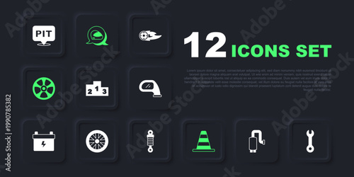 Set Car muffler, Wrench spanner, Award over sports winner podium, Traffic cone, Alloy wheel for car, Racing helmet and Shock absorber icon. Vector