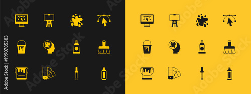 Set Bezier curve, Color palette guide, Tube with paint, Eyedropper color picker, Paint spray, Computer design program and Wood easel icon. Vector