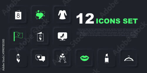 Set Lipstick, Hanger wardrobe, Greeting card with 8 March, Smiling lips, Feminist activist, Heart speech bubble, and Glass of champagne icon. Vector