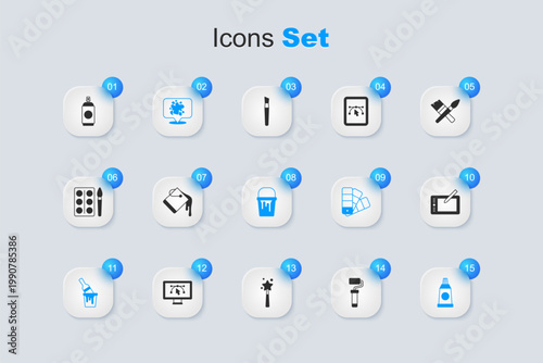 Set Paint roller brush, bucket, spray, with, Tube paint palette, Graphic tablet, can and icon. Vector
