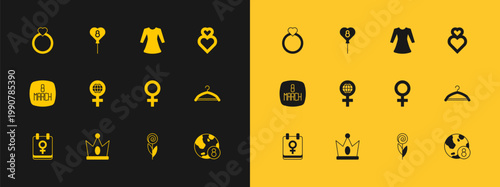 Set Heart, King crown, Female gender symbol, Flower, International Women Day, Woman dress, Diamond engagement ring and Balloons with 8 March icon. Vector