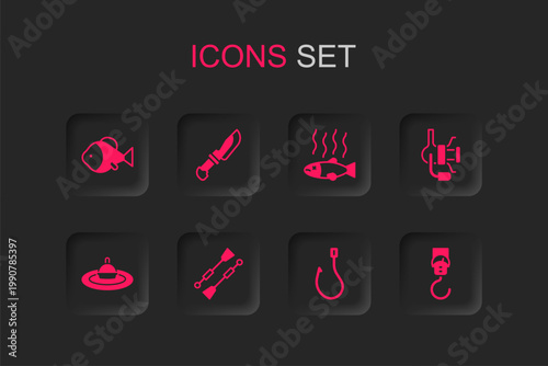 Set Oars or paddles boat, Knife, Fish, Fishing hook, Spinning reel for fishing, Spring scale, Dead and float water icon. Vector