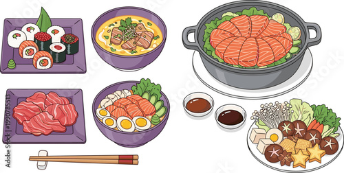 Japanese Food Collection with Sushi Ramen Hot Pot Salmon Meat and Traditional Asian Cuisine Dishes Flat Vector Illustration Set