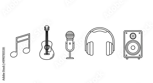 Music symbols and audio equipment icons.