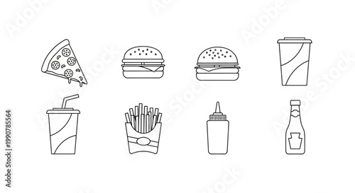 Fast Food Items Line Drawings Collection.