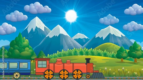A bright cartoon train with red locomotive and blue carriage stands on rails before green hills, pine forest, snowy mountains, fluffy clouds, and shining sun.
