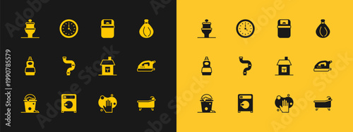 Set Garbage bag, Washer, House, Sponge, Industry metallic pipe, Trash can, Toilet bowl and Clock icon. Vector