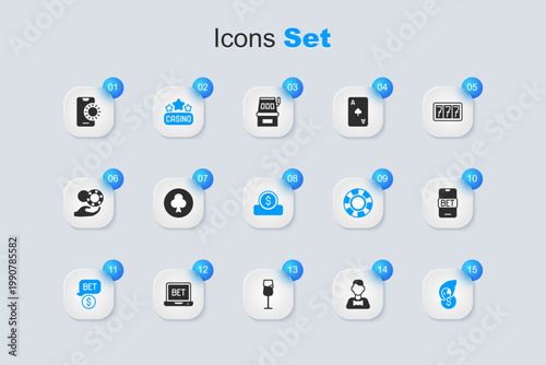 Set Casino dealer, Playing card with clubs symbol, signboard, chip dollar, Hand holding casino chips, Online sports betting, and Coin money icon. Vector