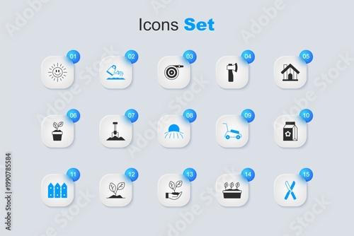 Set Plant in pot, Shovel, Watering can, Garden fence wooden, Gardening scissors, Pack full of seeds, Sun and Sunrise icon. Vector