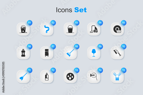 Set Toilet paper roll, Refrigerator, Industry metallic pipe, Handle broom, Towel on hanger, Brush for cleaning, Bucket with foam bubbles and Mop icon. Vector
