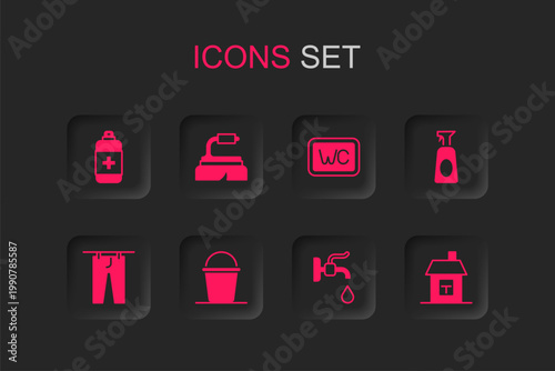 Set Bucket, Brush for cleaning, Antibacterial soap, Water tap, Cleaning spray with detergent, House, Toilet and Drying clothes icon. Vector