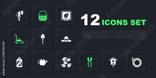 Set Bird house, Garden hose, Shovel, Gardening scissors, Lawn mower, Watering can, Wicker basket and Seeds of specific plant icon. Vector