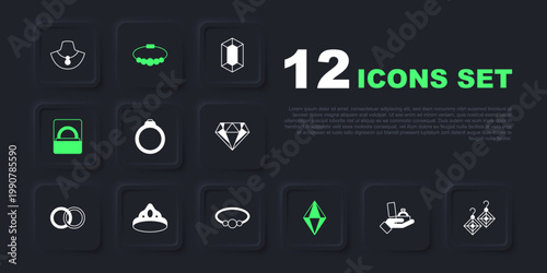 Set Diamond engagement ring in box, Earrings, Gem stone, King crown, Bracelet jewelry and icon. Vector