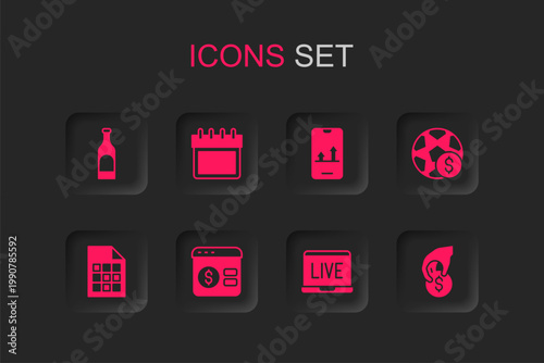 Set Online poker table game, Calendar, Bottle of wine, Football betting money, Hand holding casino chips, sports and Lottery ticket icon. Vector