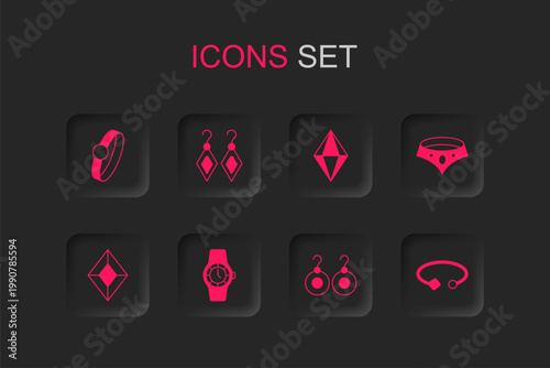 Set Wrist watch, Earrings, Diamond engagement, Necklace, Bracelet jewelry, Gem stone and icon. Vector